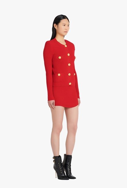 Cropped red eco-designed knit cardigan with gold-tone buttons - 7