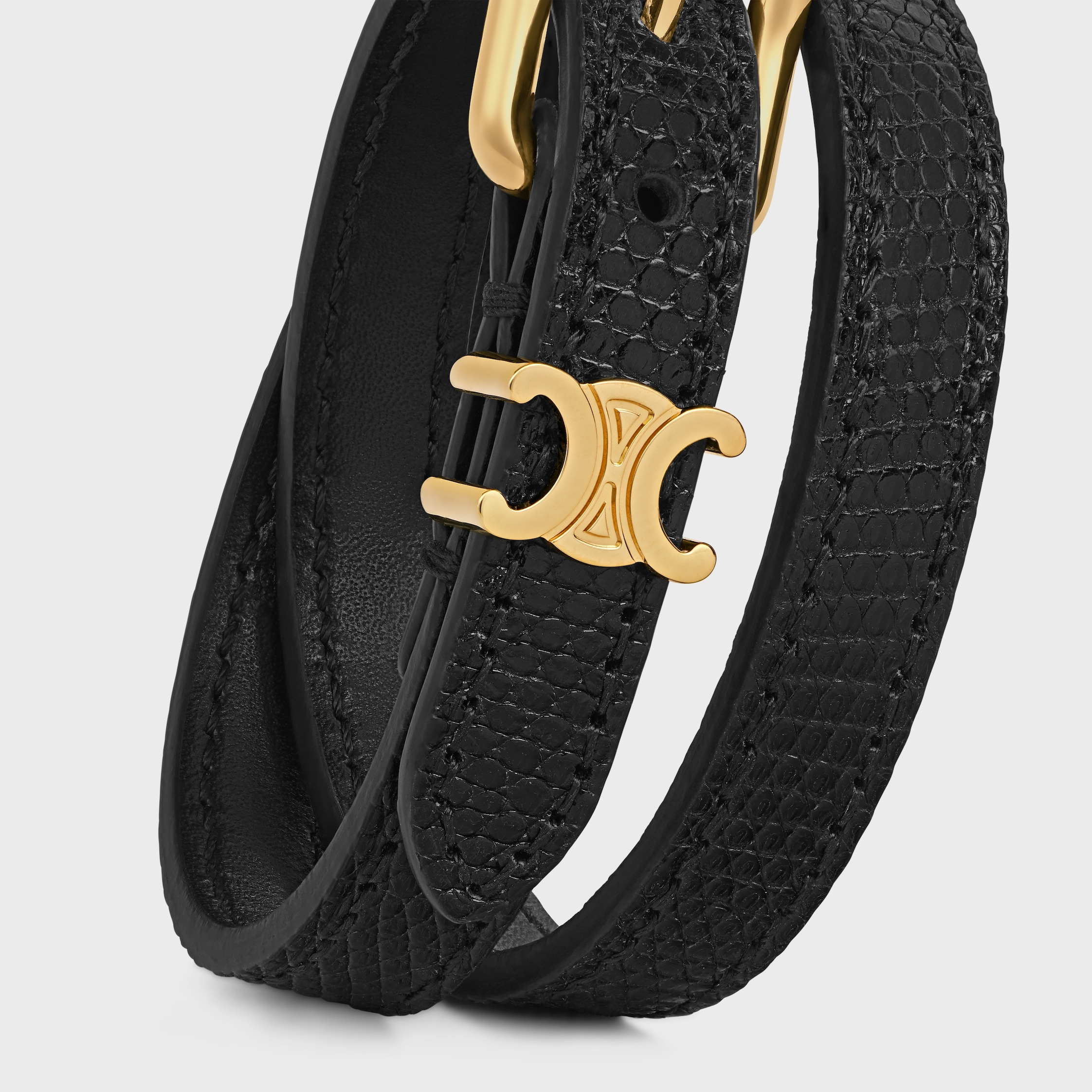 Les Cuirs Celine Double Bracelet in Lizard, Calfskin and Brass with Gold Finish - 4