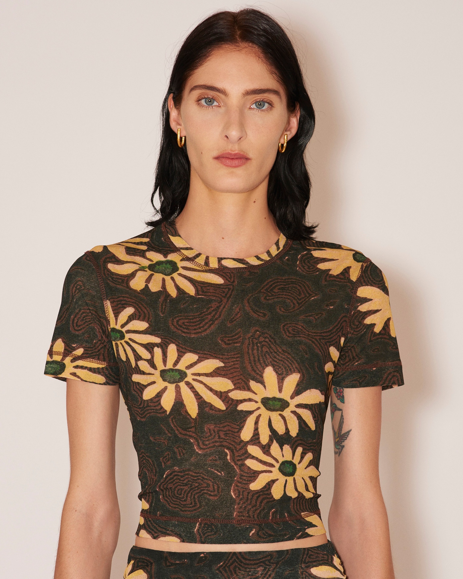 NILO - Mesh-jersey floral cropped tshirt - Black - 5