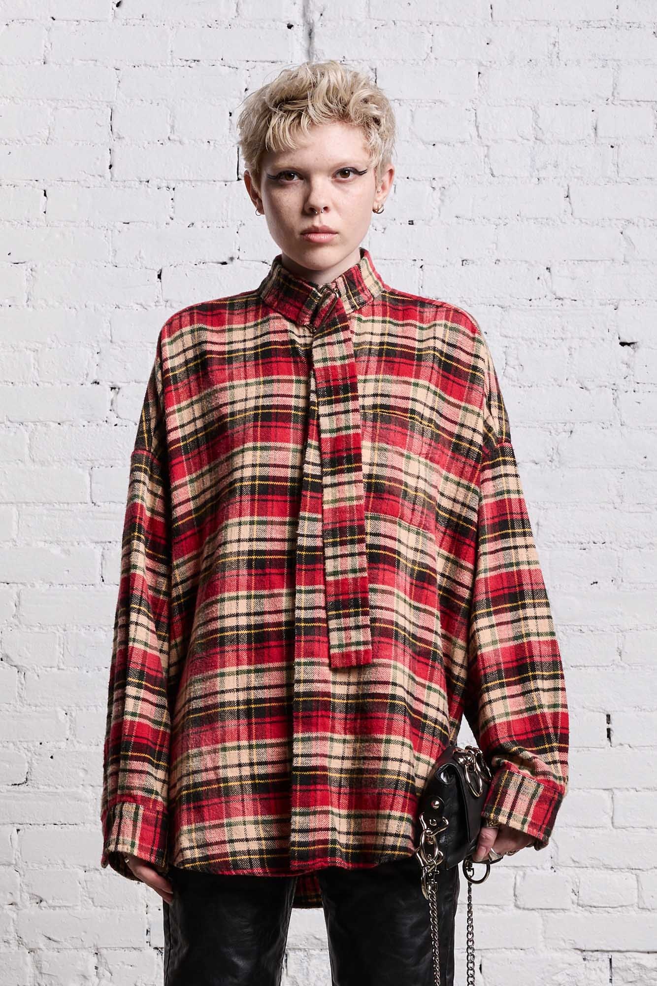 OVERSIZED BELT COLLAR SHIRT - BLEACHED RED PLAID - 4