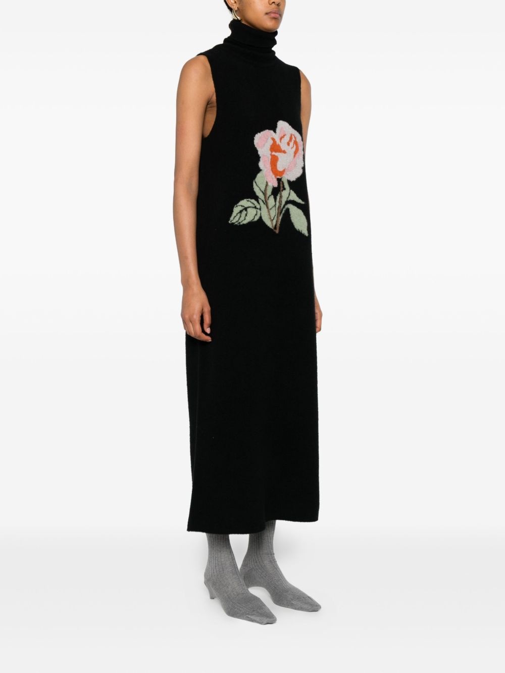 rose-embroidery turtleneck dress - 3