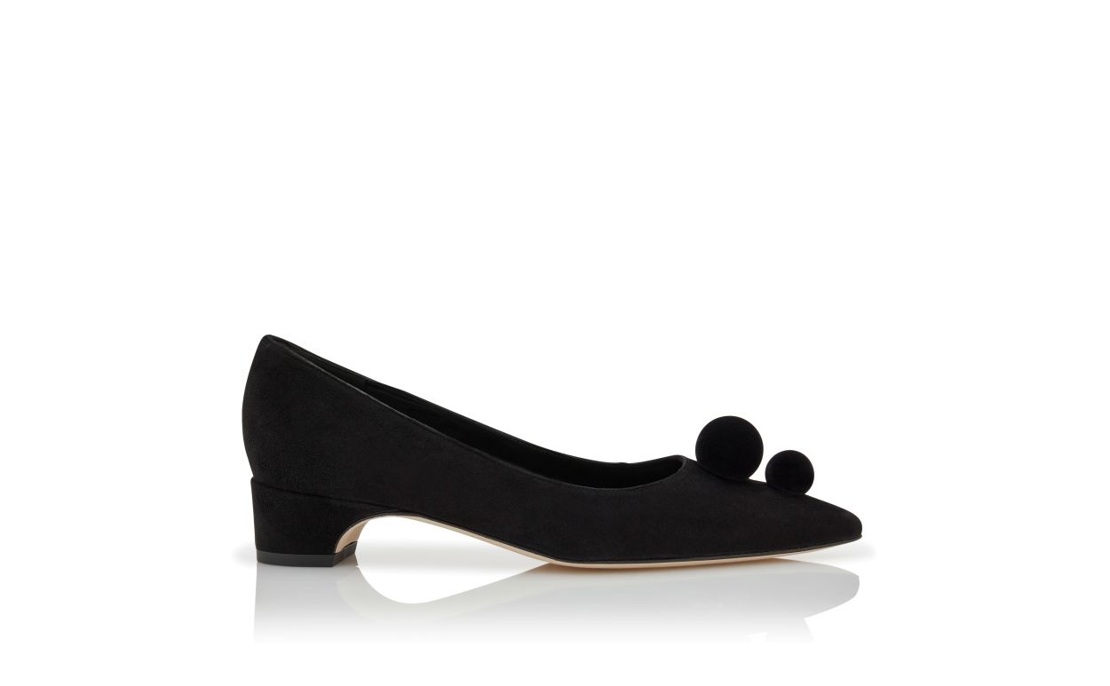 Black Suede Pom Pom Detail Pumps - 1