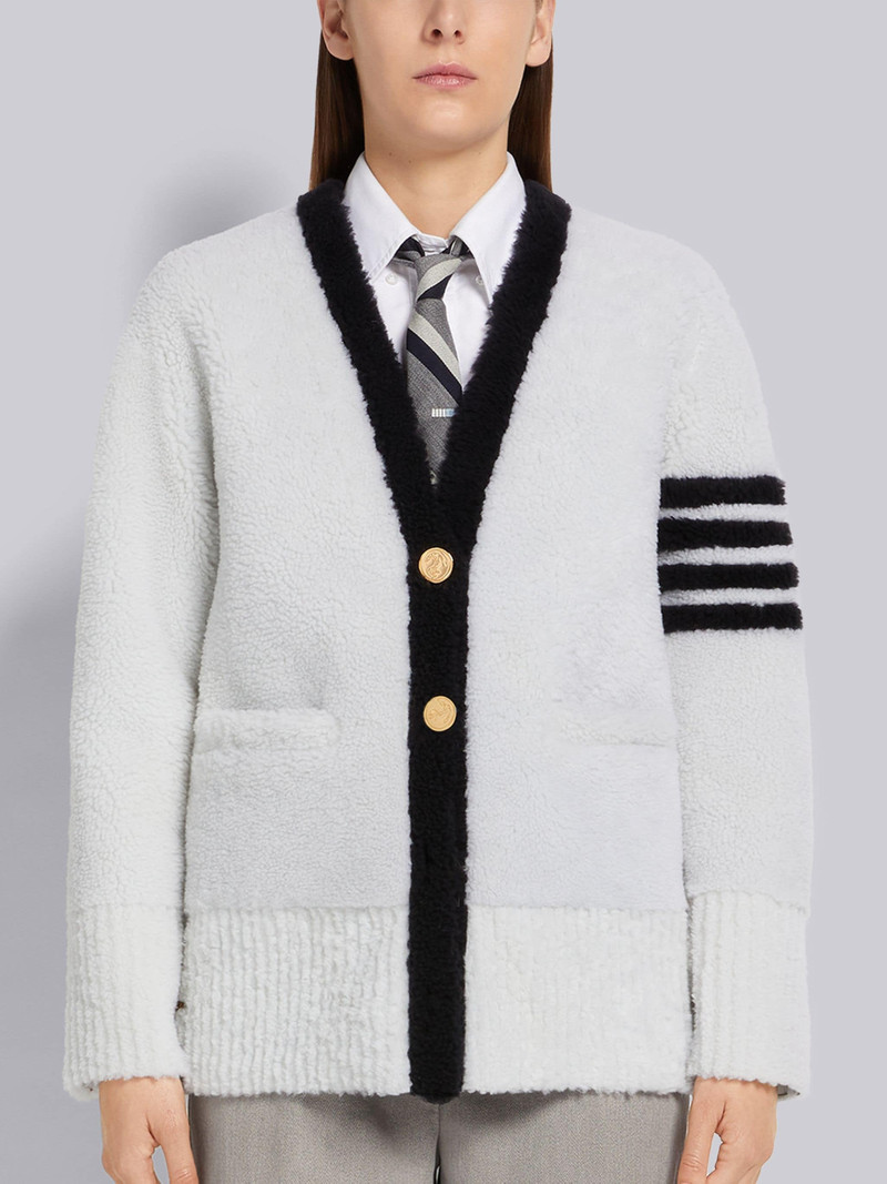 White Shearling Contrast 4-Bar V-Neck Cardigan Jacket 1