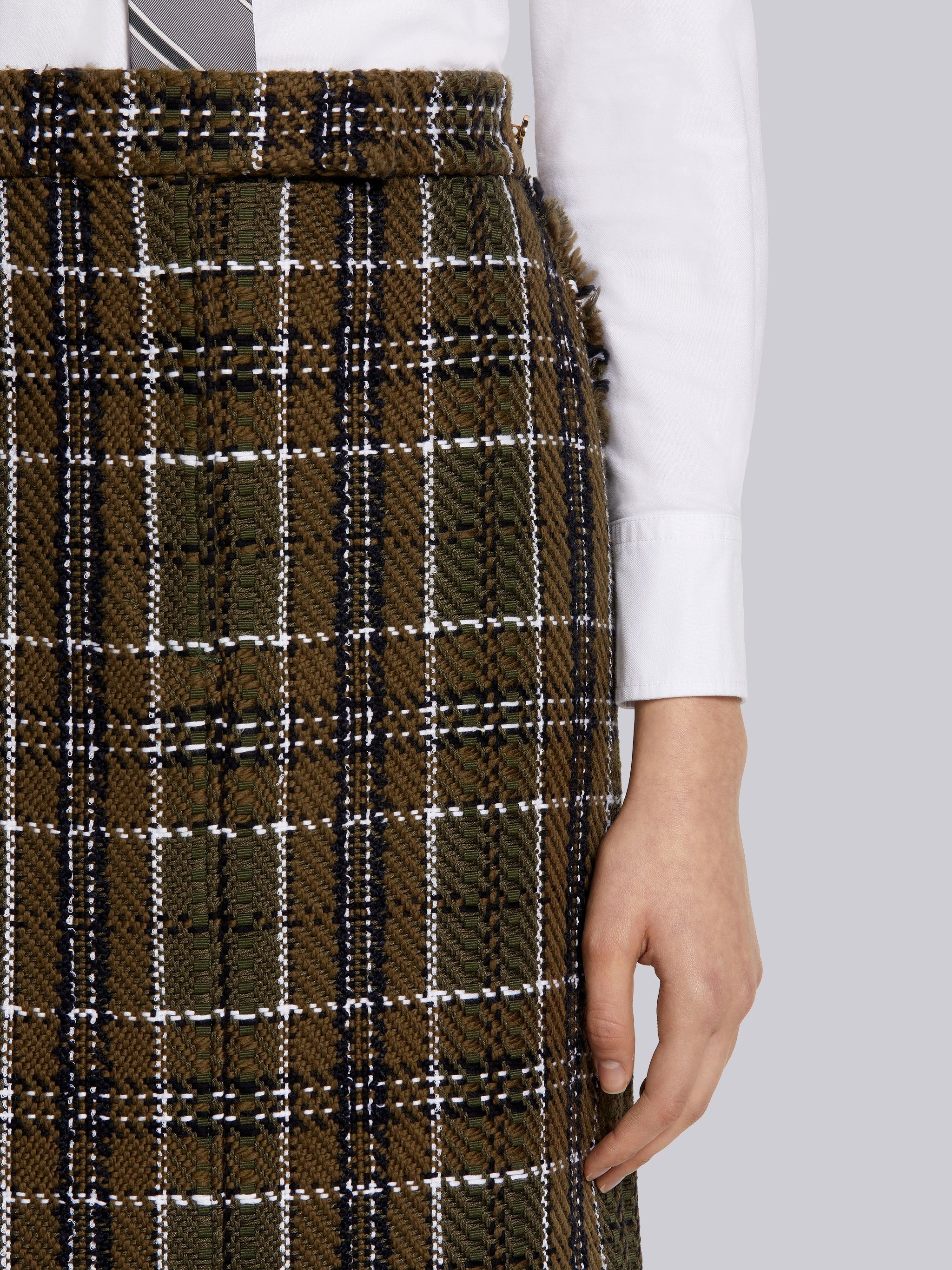 Dark Green Tartan Check Tweed Frayed Below-the-Knee Sack Skirt - 5