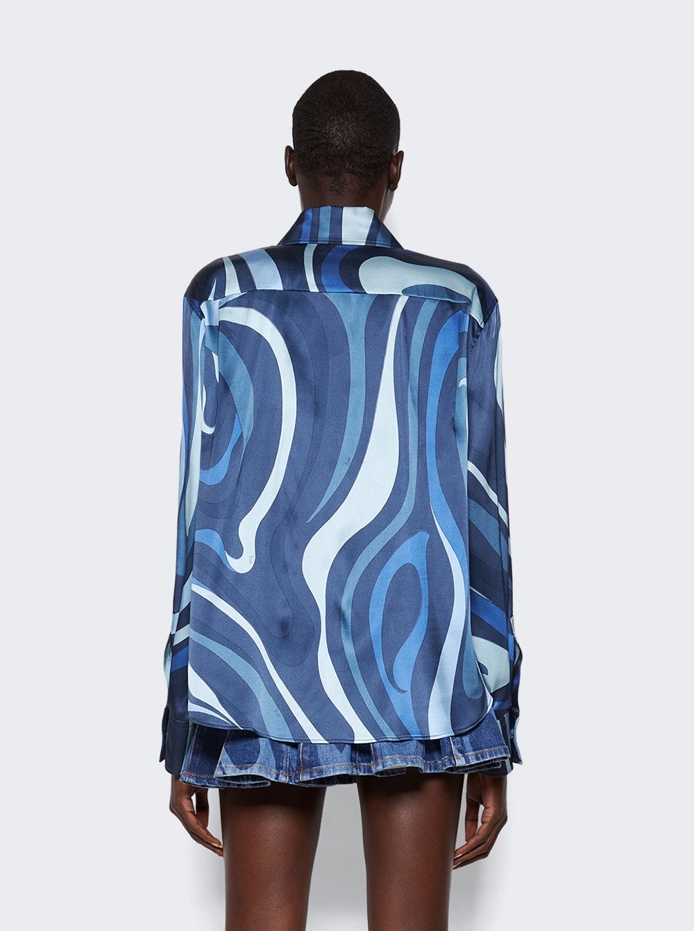 Marmo-Print Silk Long Sleeve Shirt Indigo Blue - 5