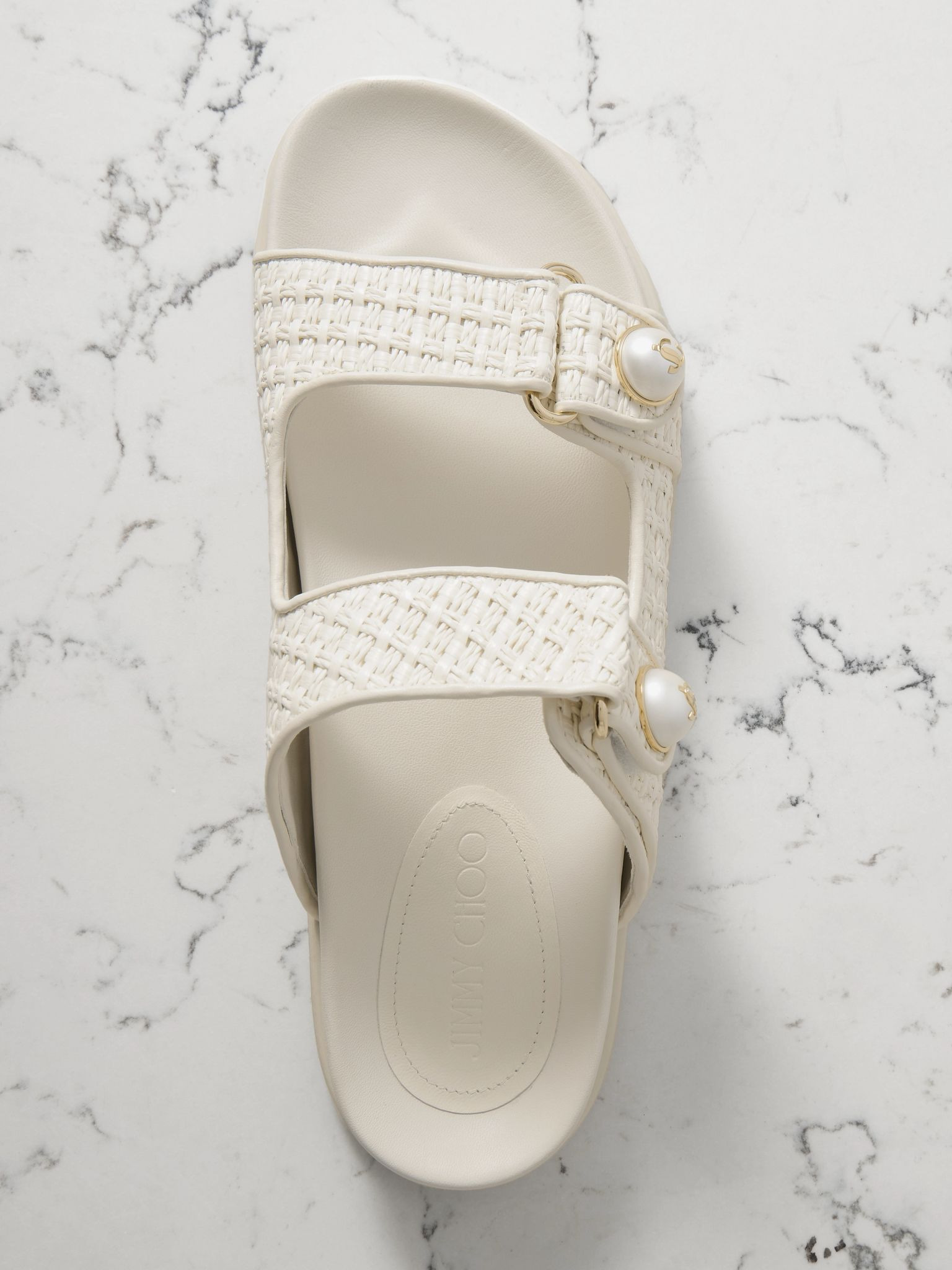Fayence faux pearl-embellished raffia slides Cream - 5