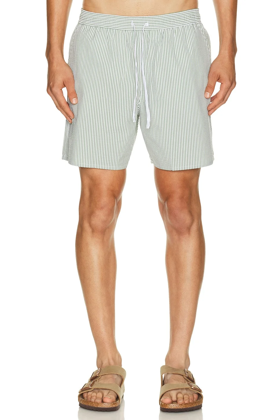 Mid Length Striped Textured Swim Trunks - 1