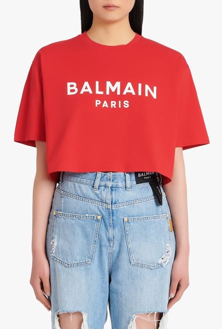 Cropped red eco-designed cotton T-shirt with white Balmain logo print - 5