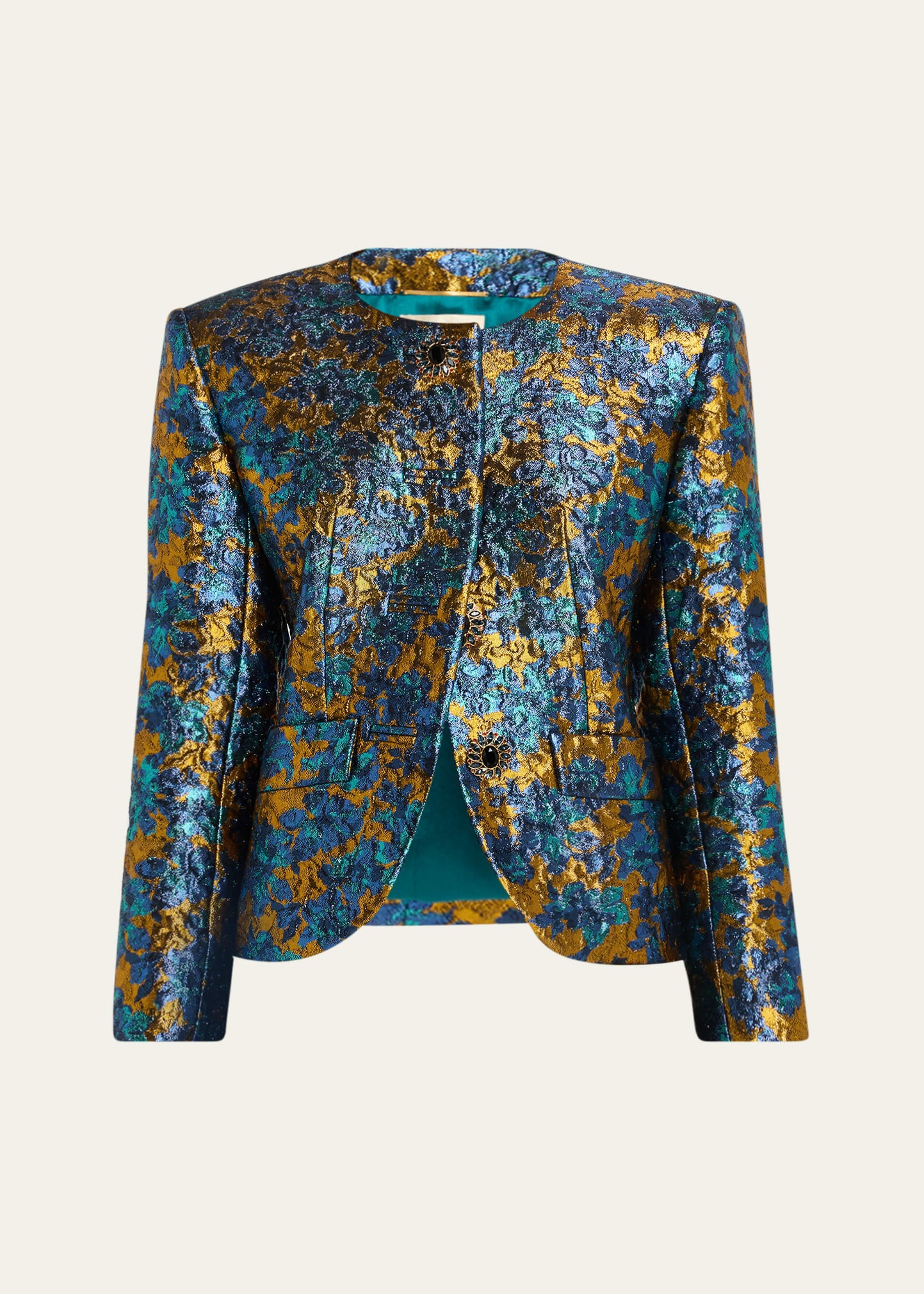 Metallic Floral Brocade Single-Breasted Jacket - 1