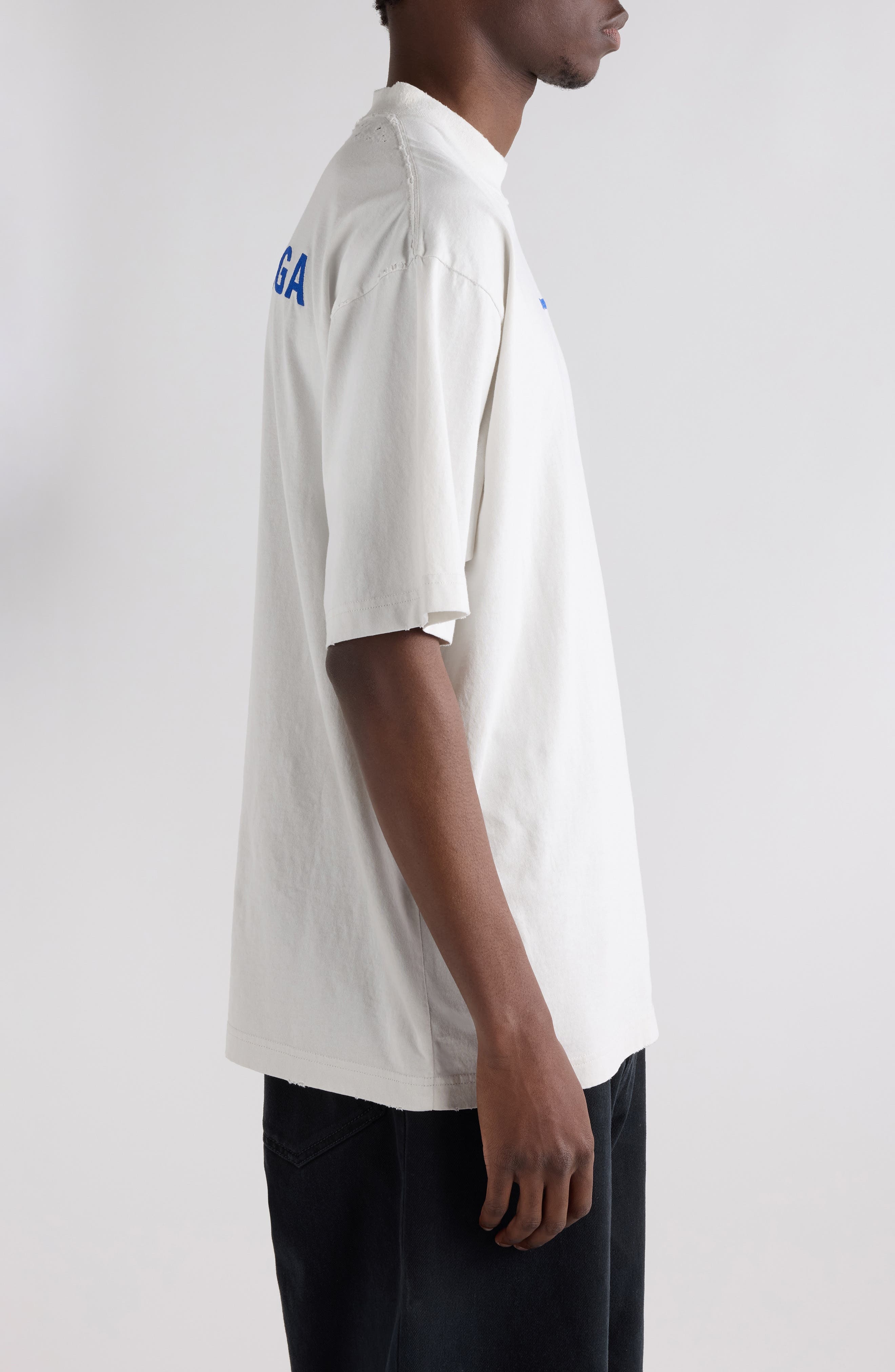 Balenciaga Medium Fit Distressed Logo T-Shirt in 8016 Dirty Wht/Sport Blue at Nordstrom - 3