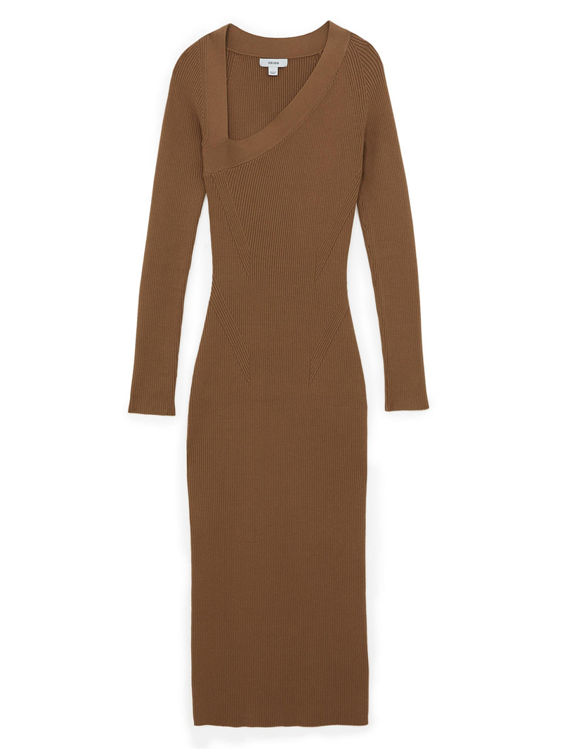 Women's Zeta Asymmetric Rib-Knit Midi-Dress - Camel 1