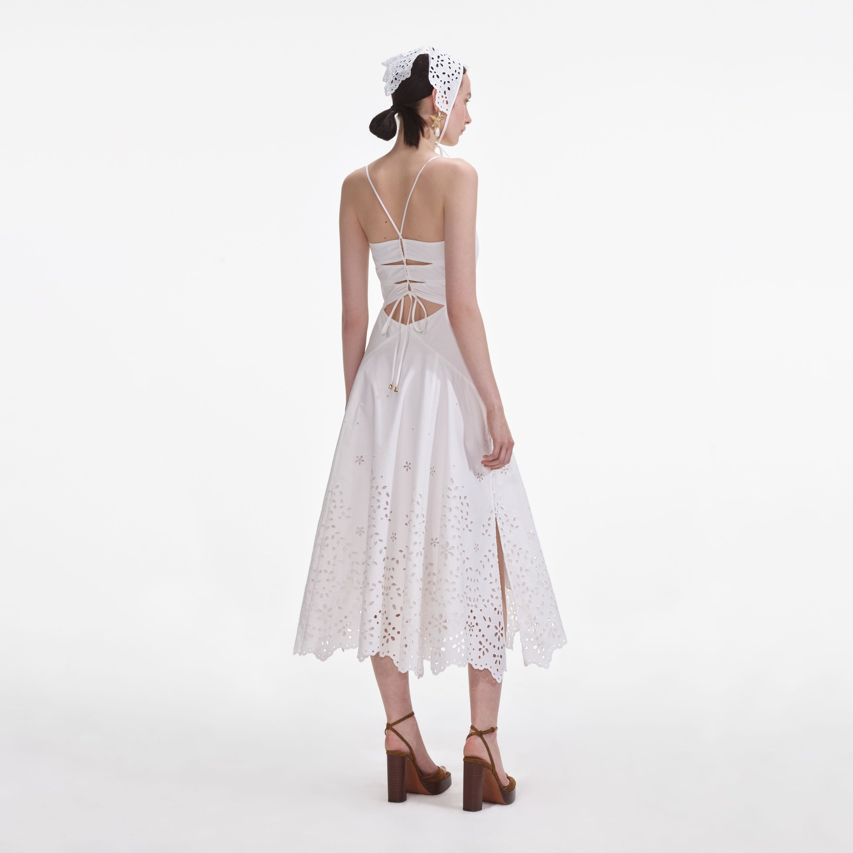 White Cotton Embroidered Midi Dress - 3