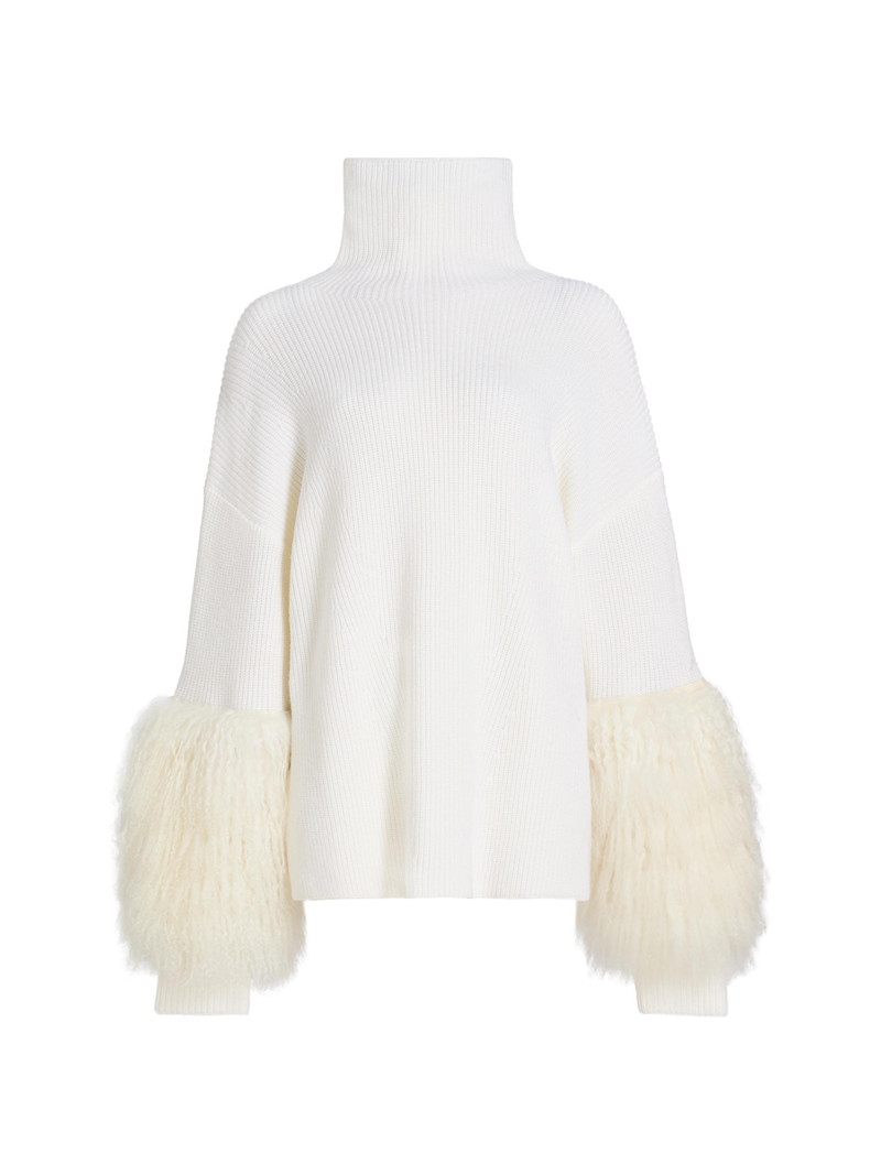 Women's Yak Yarn-Cuff Merino Wool Turtleneck Sweater - Off White 1