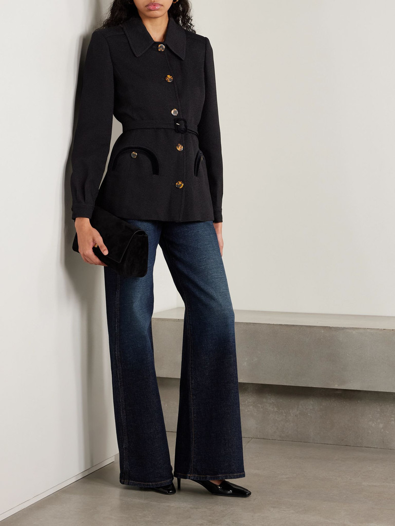BLAZÉ MILANO Luna belted velvet-trimmed crepe jacket Black outlook