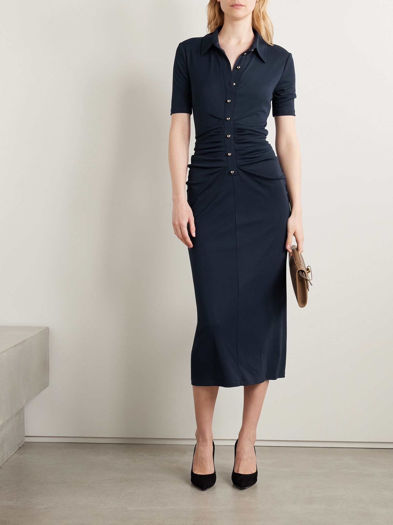 Ruched stretch-jersey midi shirt dress Navy - 2