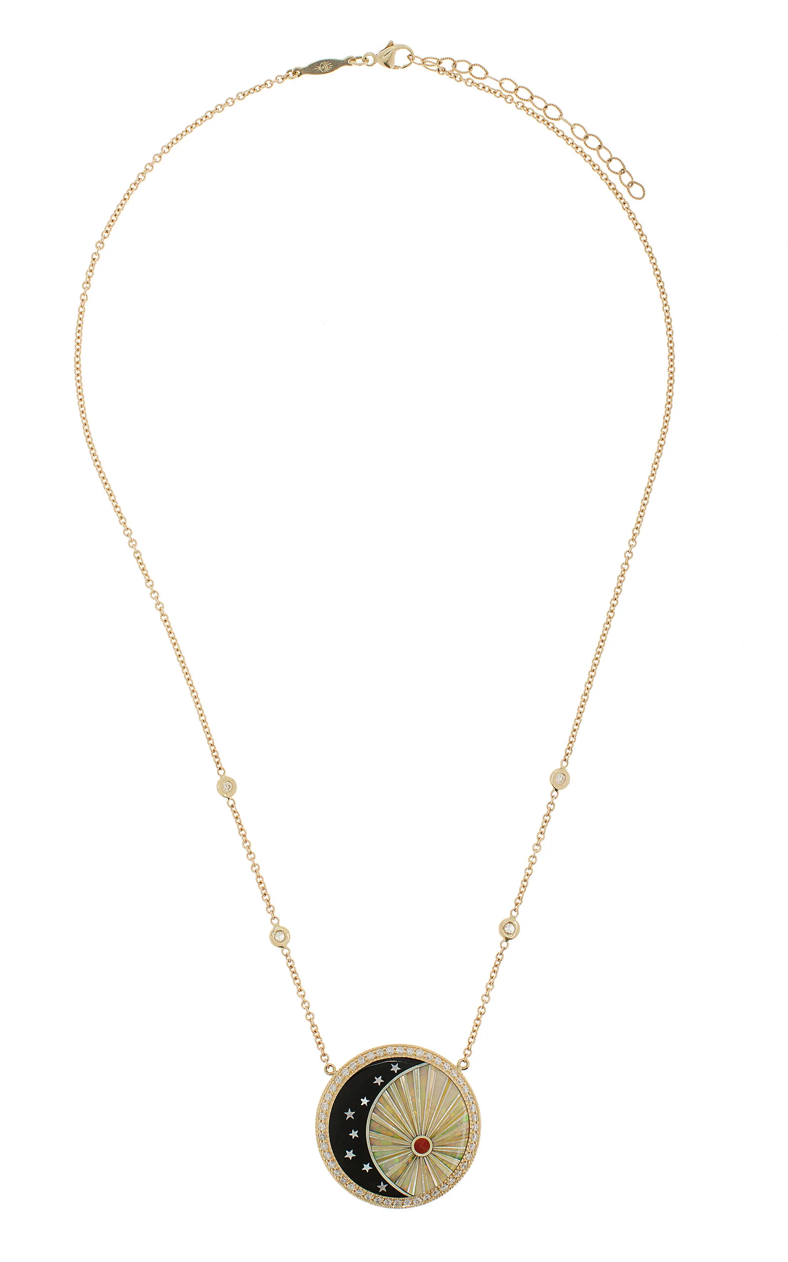 Sun Moon and Star 14K Yellow Gold Diamond, Opal, Onyx Necklace black - 1
