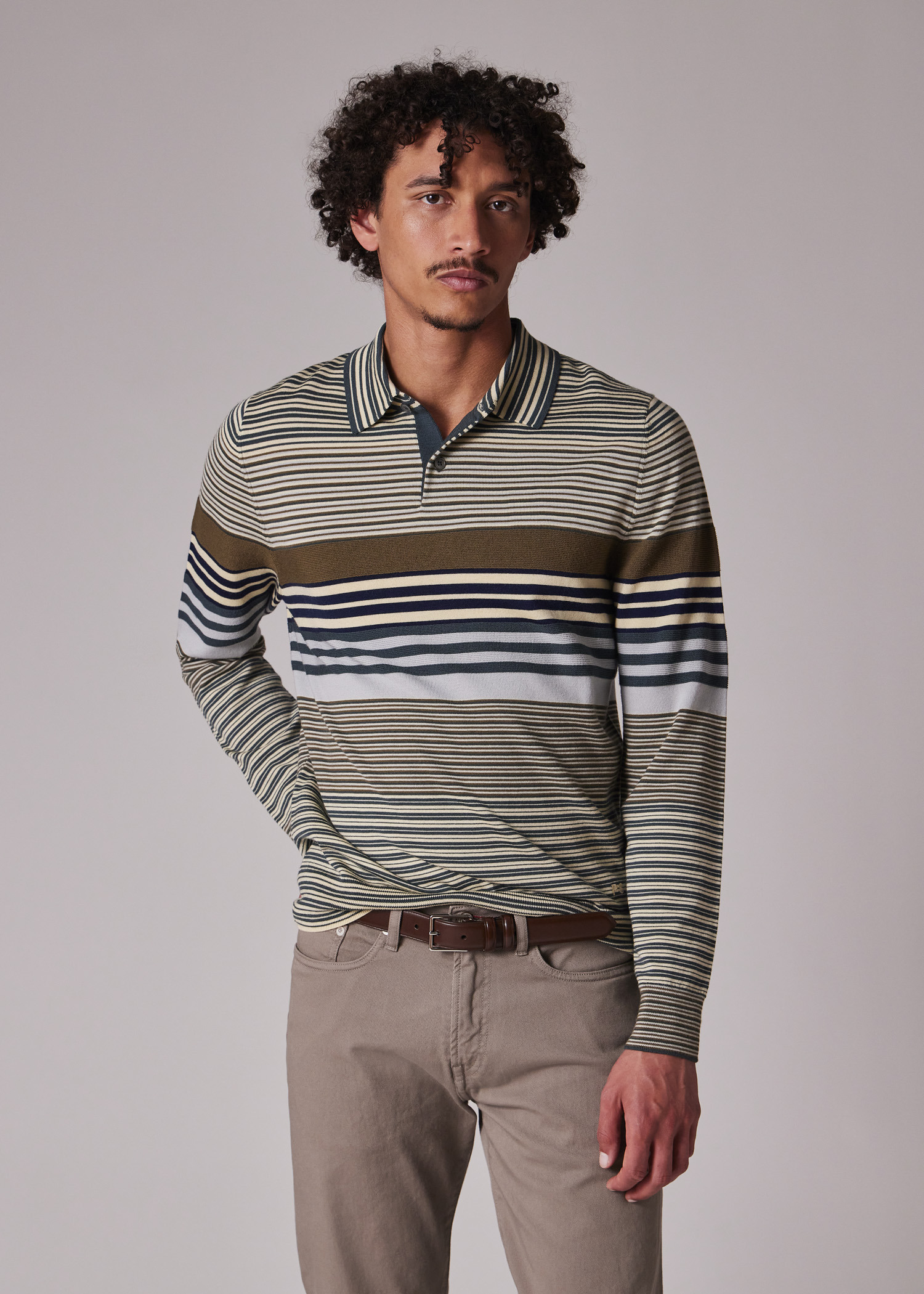 Khaki Merino Wool Stripe Long-Sleeve Polo Shirt - 4