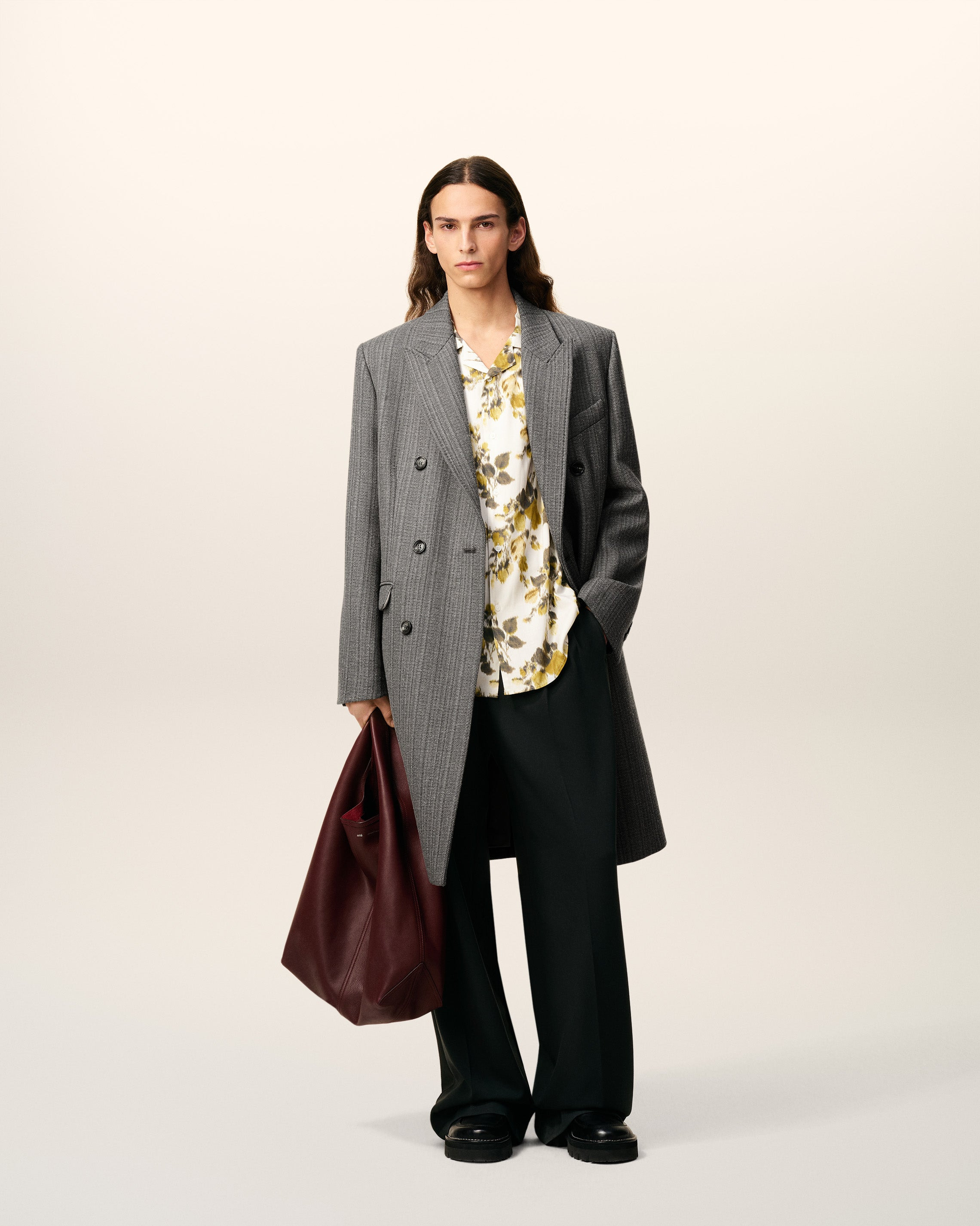 GREY WOOL HERRINGBONE DOUBLE BREASTED COAT - 2