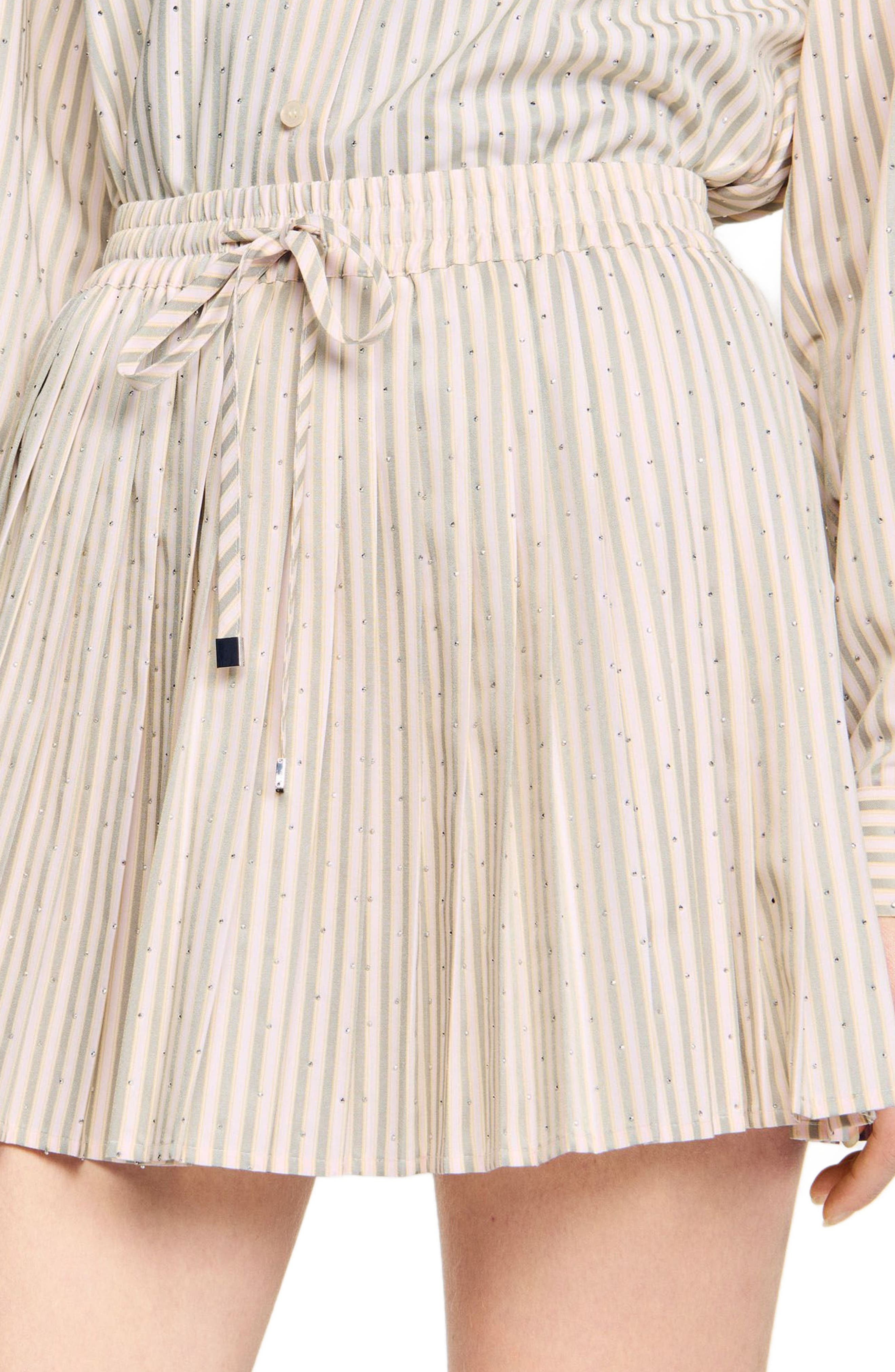 SANDRO Rhinestone striped pleated skirt in Khaki /Pink at Nordstrom - 4