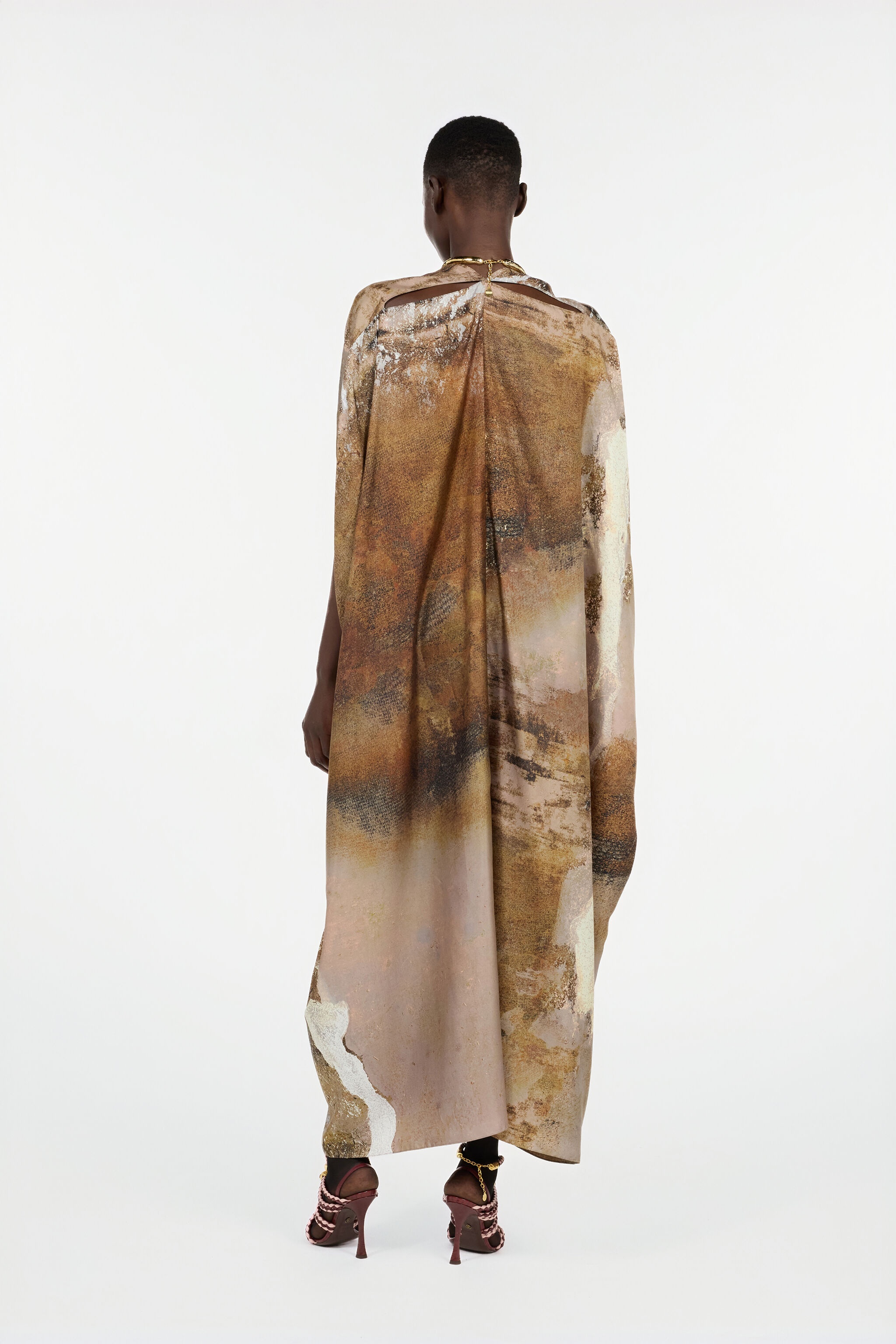 Beige Silk Caftan with Marble Print - 4