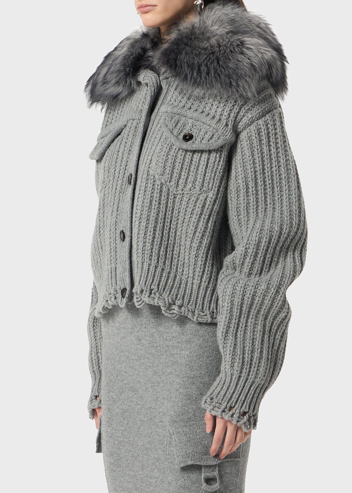 WOOL CARDIGAN WITH FAUX FUR COLLAR - 5
