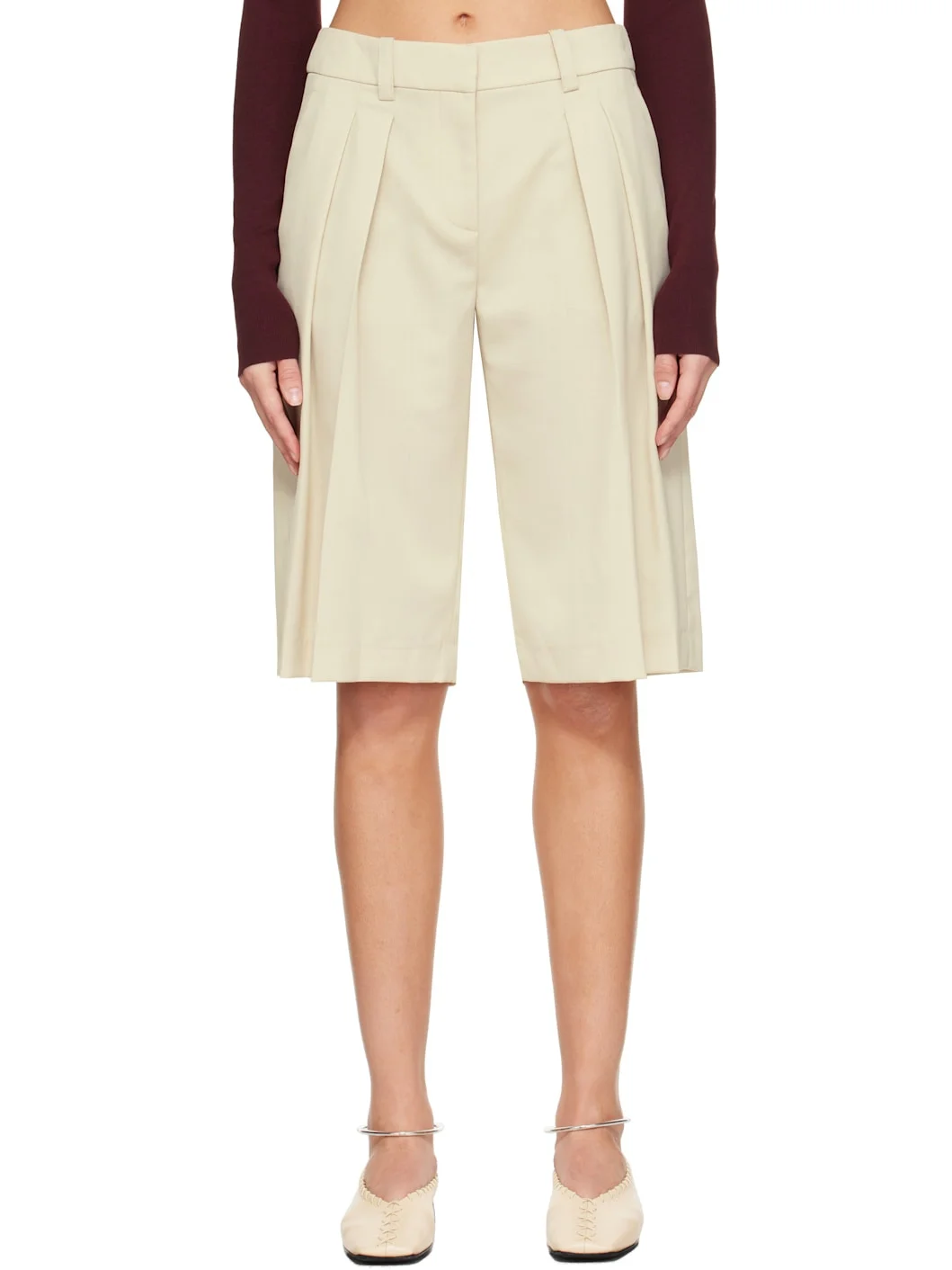 Beige Bilbao Pleated Bermuda Shorts - 1