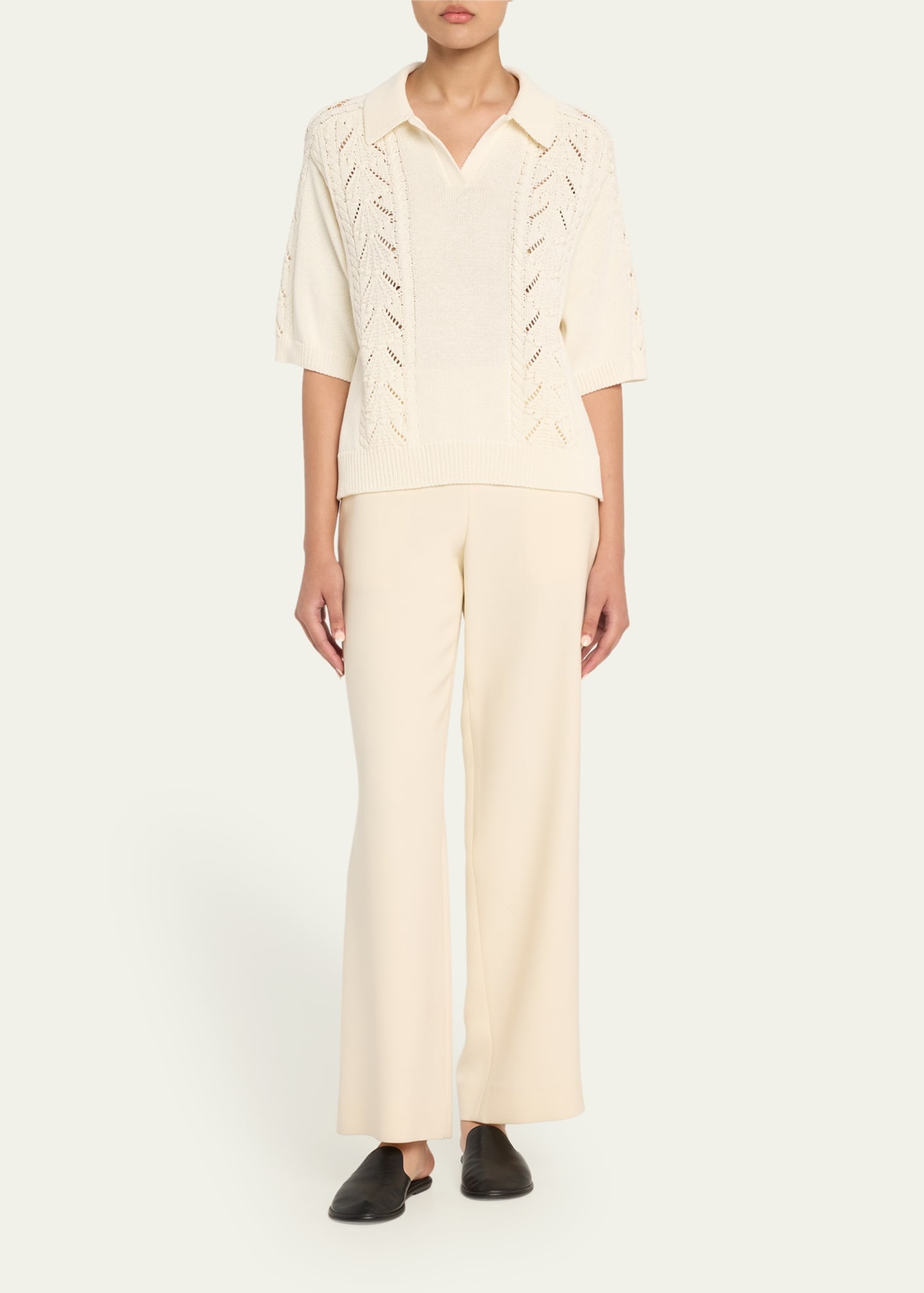 Kina Pointelle & Cable-Knit Cotton Polo Sweater - 2
