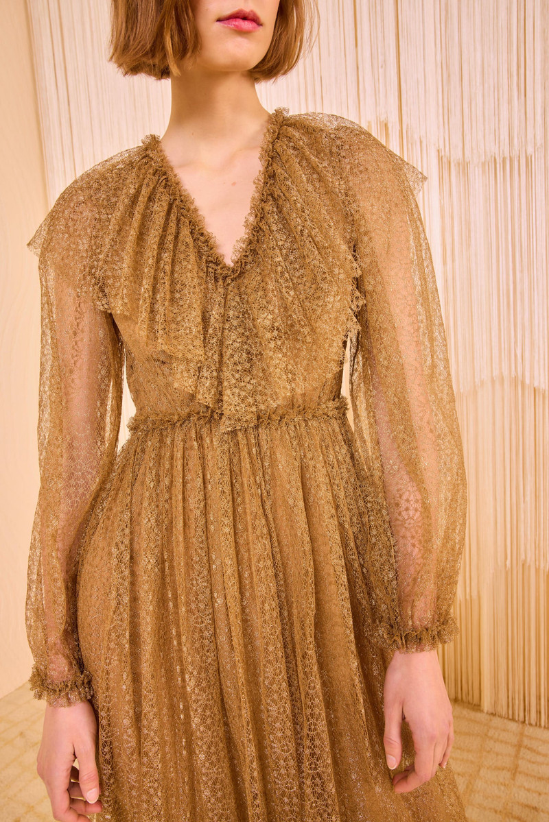 ULLA JOHNSON Helena Ruffle Neckline Long Sleeve Dress outlook