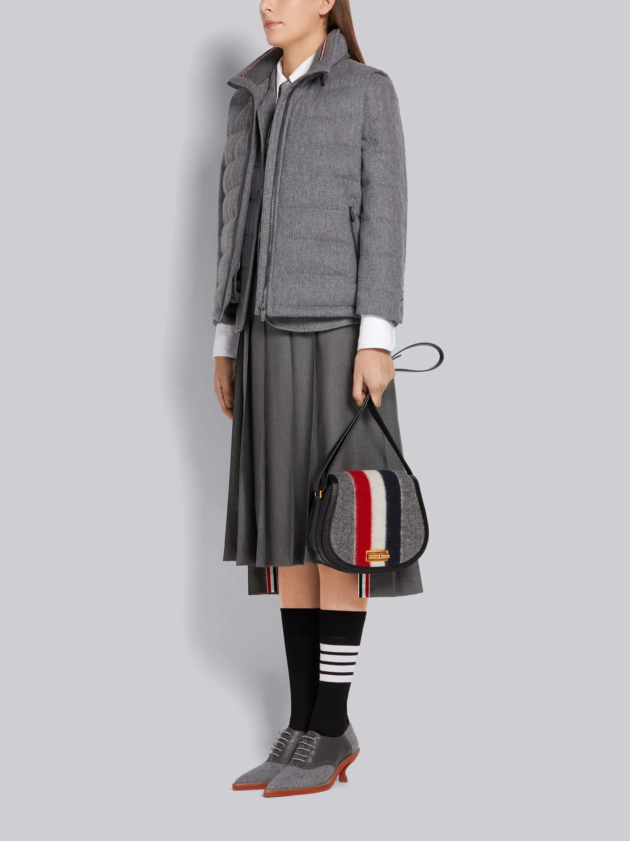 Medium Grey Boiled Wool Leather Frame Stripe Enamel Lock Shoulder Bag - 6