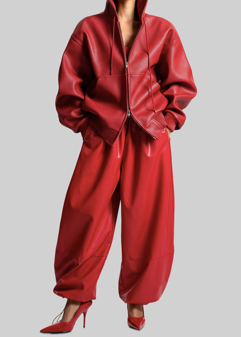 Kodai Faux Leather Bomber Jacket - Red 5