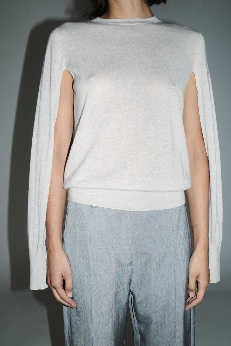 Merino Wool Slit Sleeve Sweater - Light Grey Marle 7