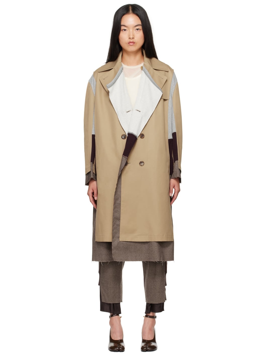 Beige Paneled Trench Coat - 1