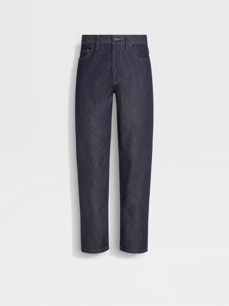 DARK BLUE RINSE-WASHED COTTON AND SILK ROCCIA JEANS 1
