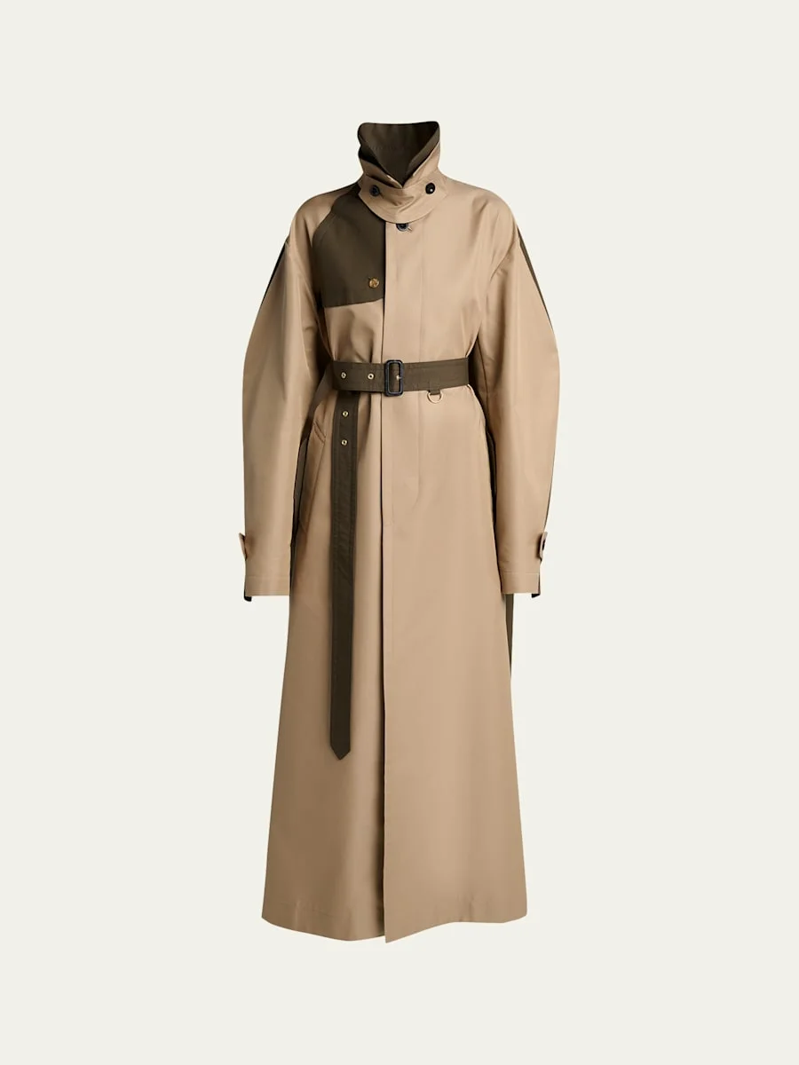Colorblock Cotton Gabardine Long Trench Coat - 1