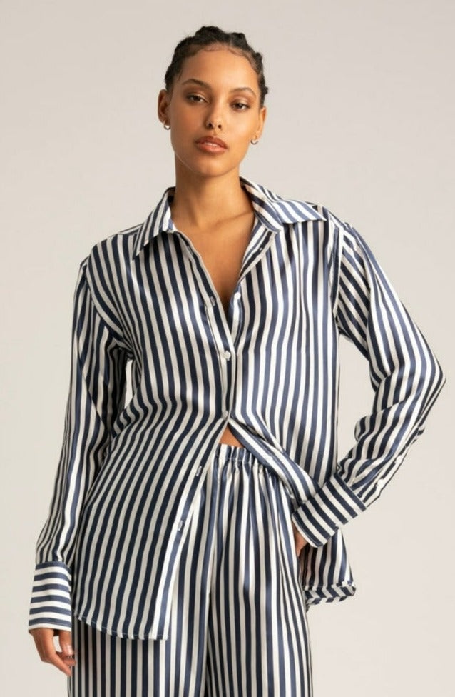 NAVY STRIPED SILK BUTTON DOWN - 1