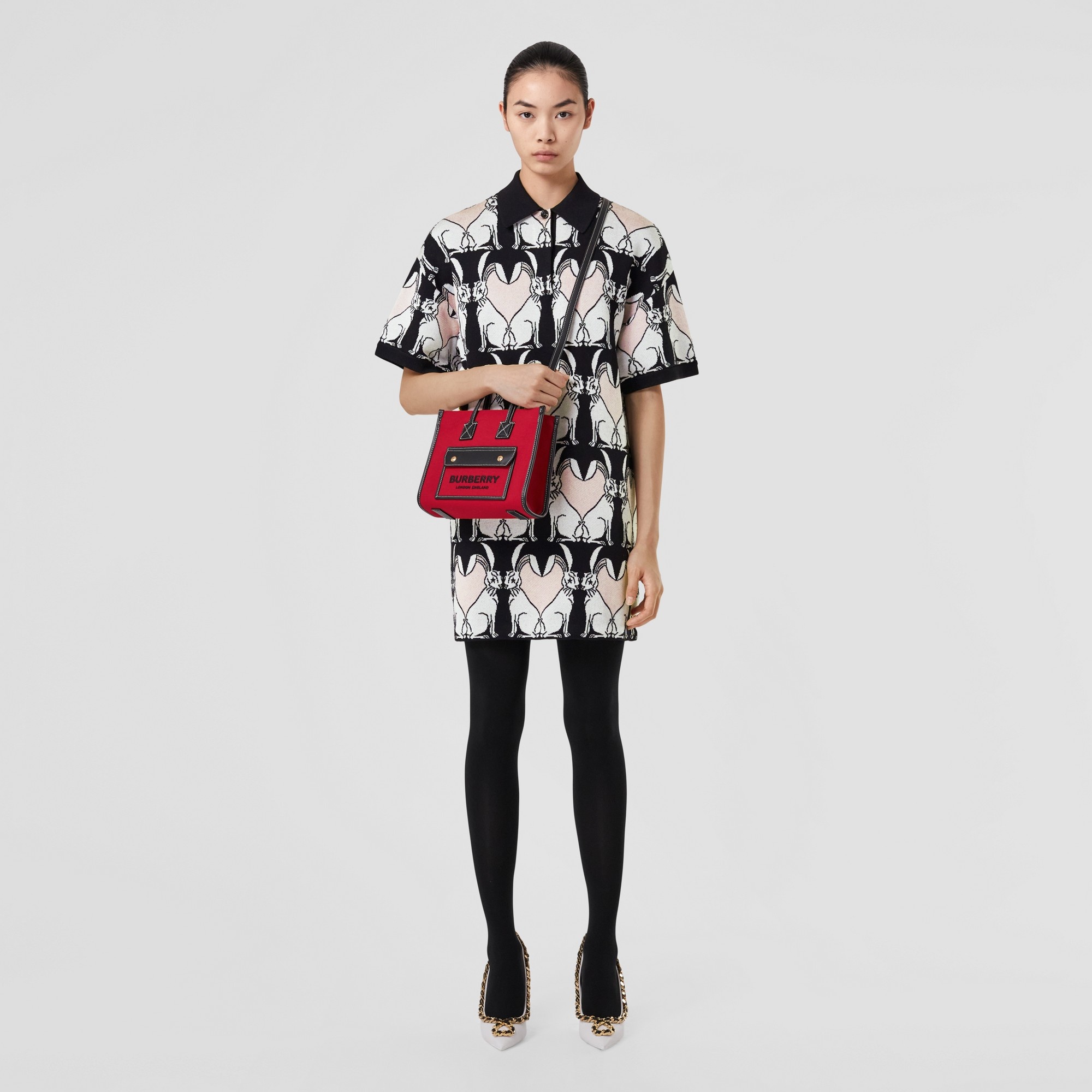 Rabbit Motif Wool Blend Jacquard Polo Shirt Dress - 4