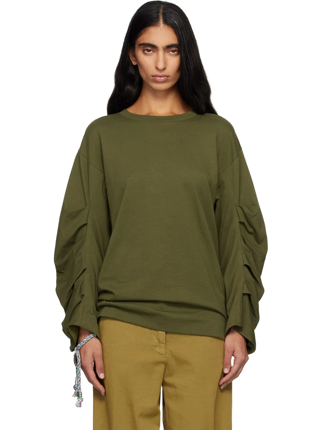 Green Pleated Sleeves Sweatshirt - 1