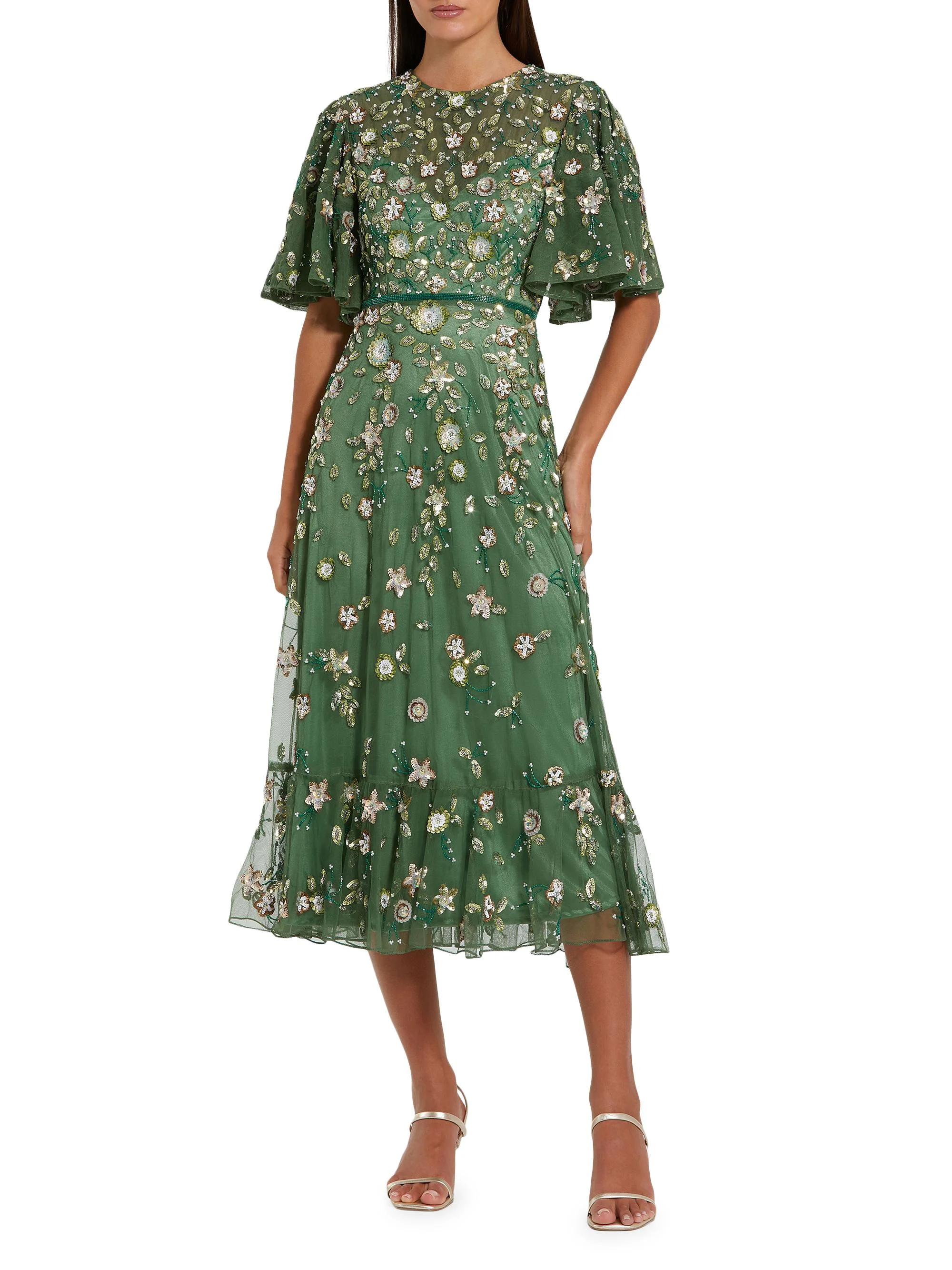 Women's Floral Beaded Mesh Midi-Dress - Sage - 1