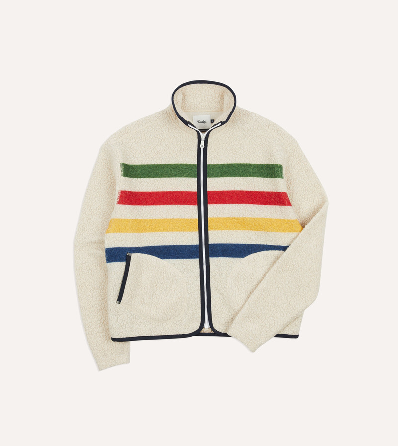Ecru Stripe Boucle Wool Zip Fleece Jacket 1