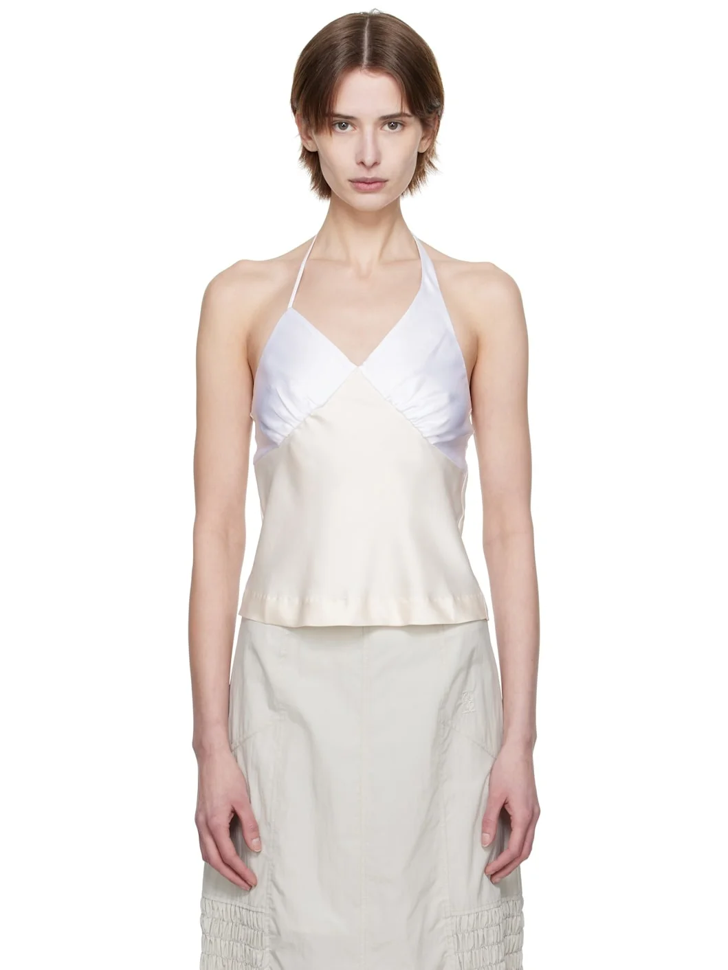 Off-White Satin Shirring Halter Top - 1