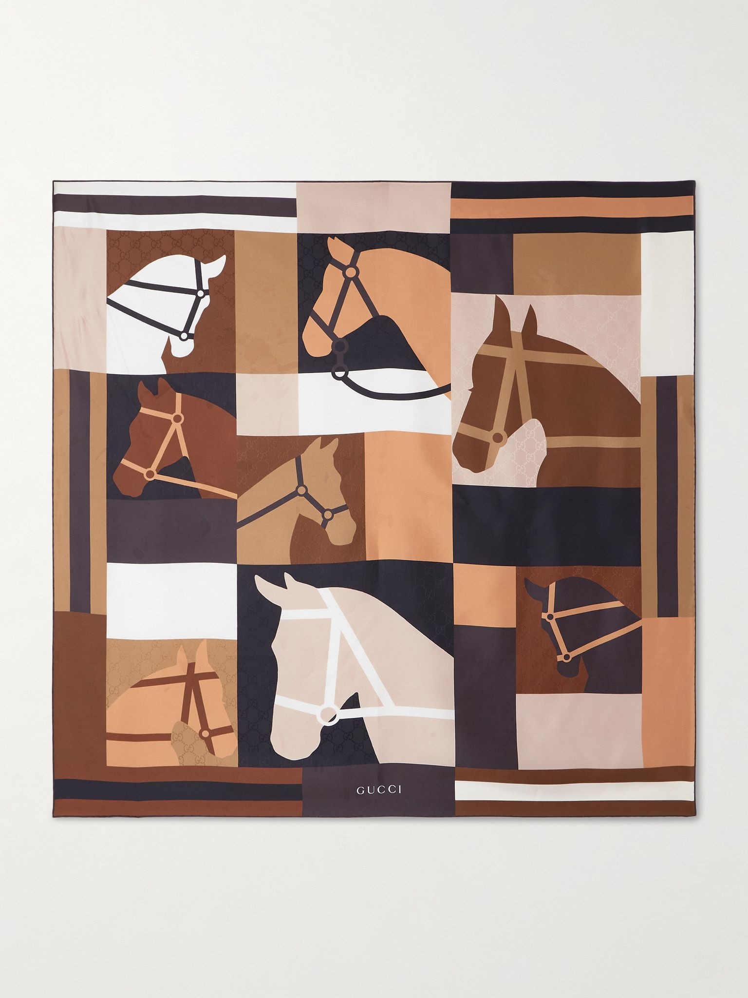 Equestrian printed silk-twill scarf Brown - 1