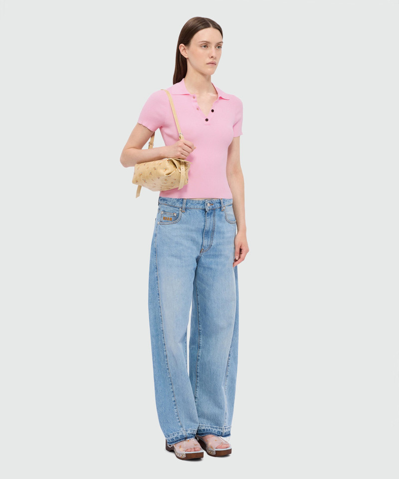 Pink ribbed techno-viscose polo shirt with contrast button detail 4