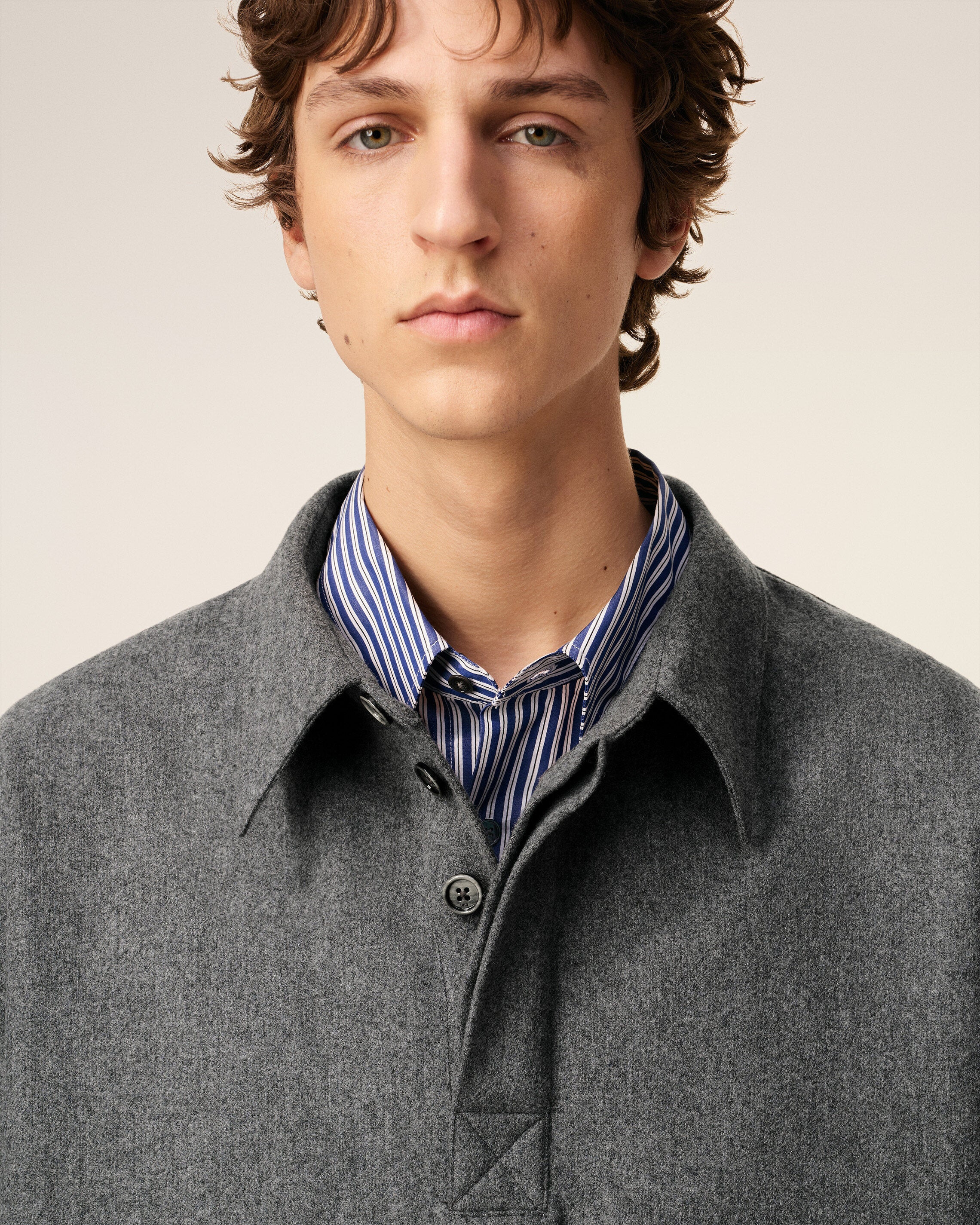 GREY WOOL  LONG  SLEEVES POLO SHIRT - 4