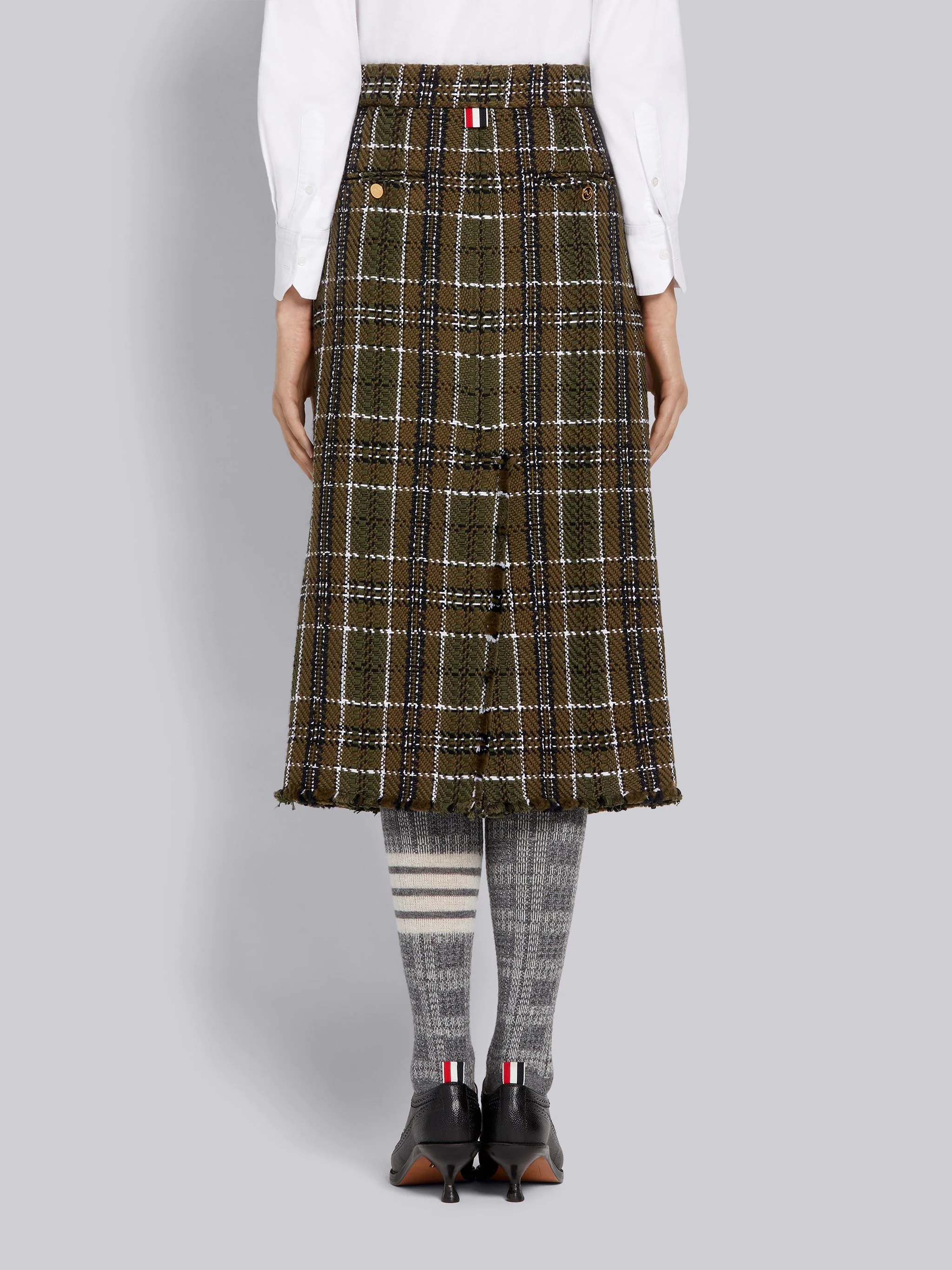 Dark Green Tartan Check Tweed Frayed Below-the-Knee Sack Skirt - 3
