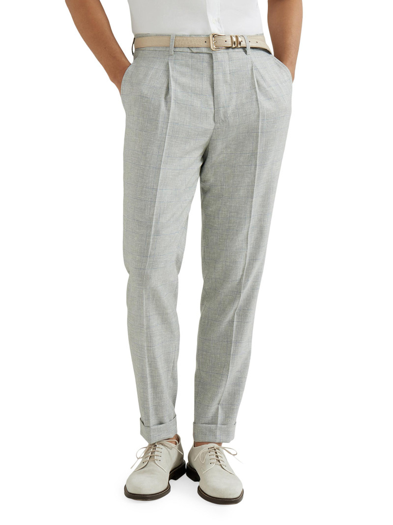 Men's Virgin Wool Prince of Wales Fresco Pleated Trousers - Pearl Grey 5