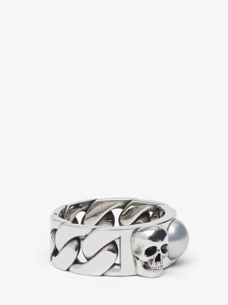Alexander McQueen Men's Pearl And Skull Chain Ring in Antique Silver outlook