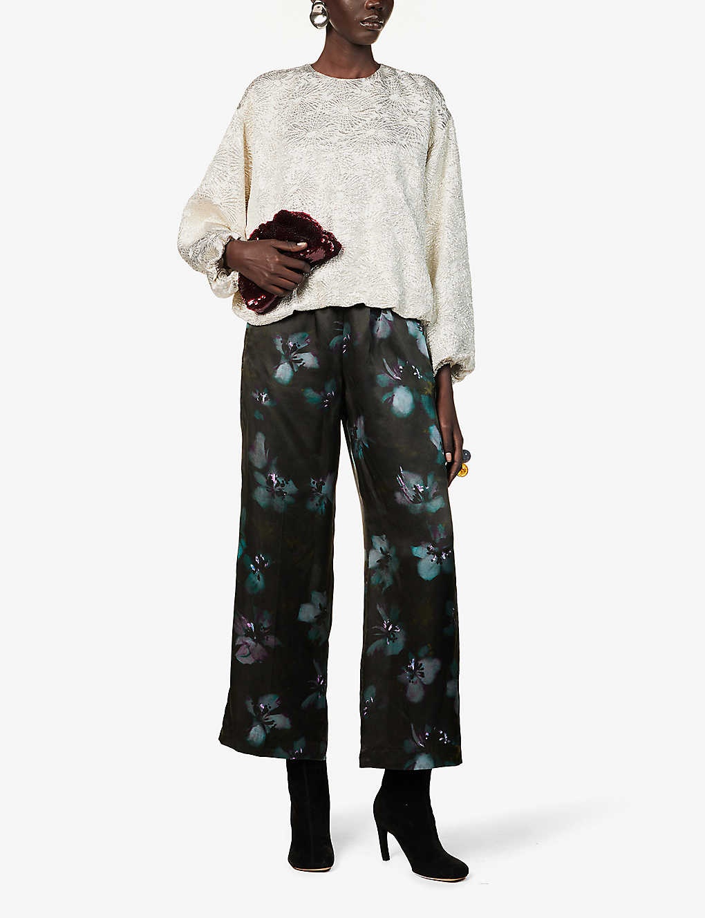 Floral-print wide-leg mid-rise silk trousers - 2