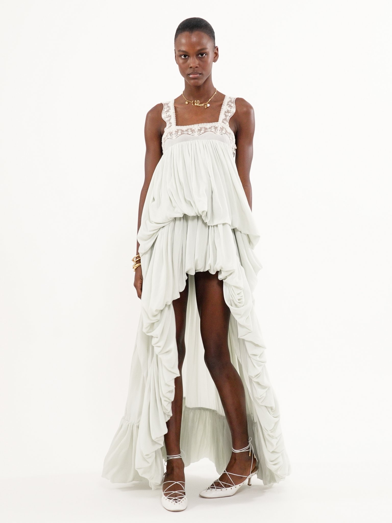 HIGH-LOW RUFFLED DRESS IN SILK HABOTAI & LACE - 4