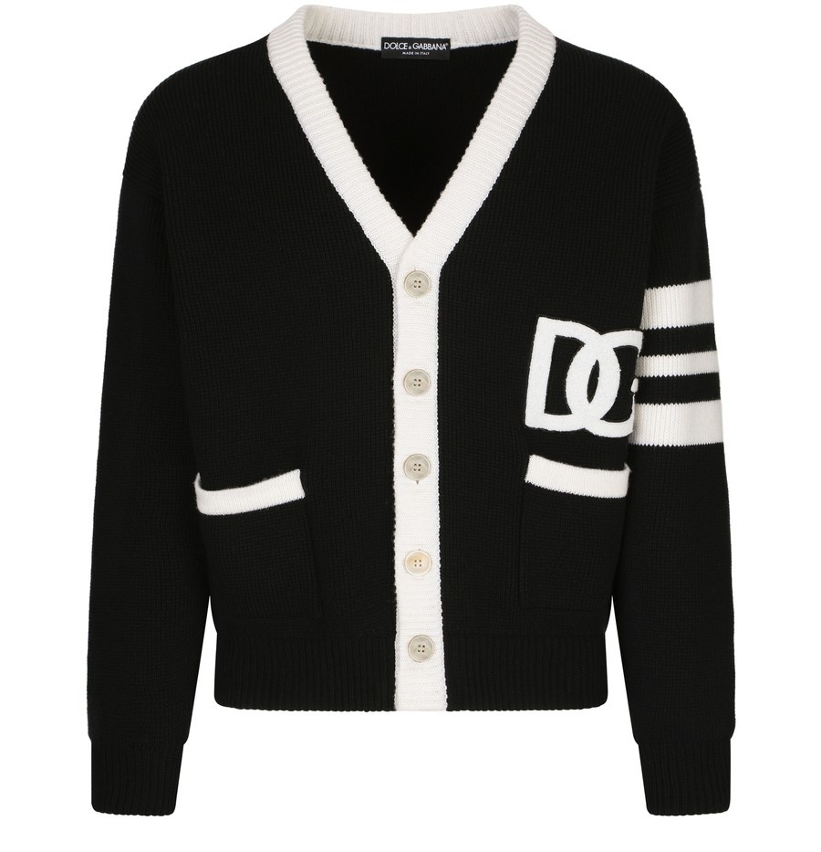 Wool fisherman’s rib cardigan with DG logo - 1