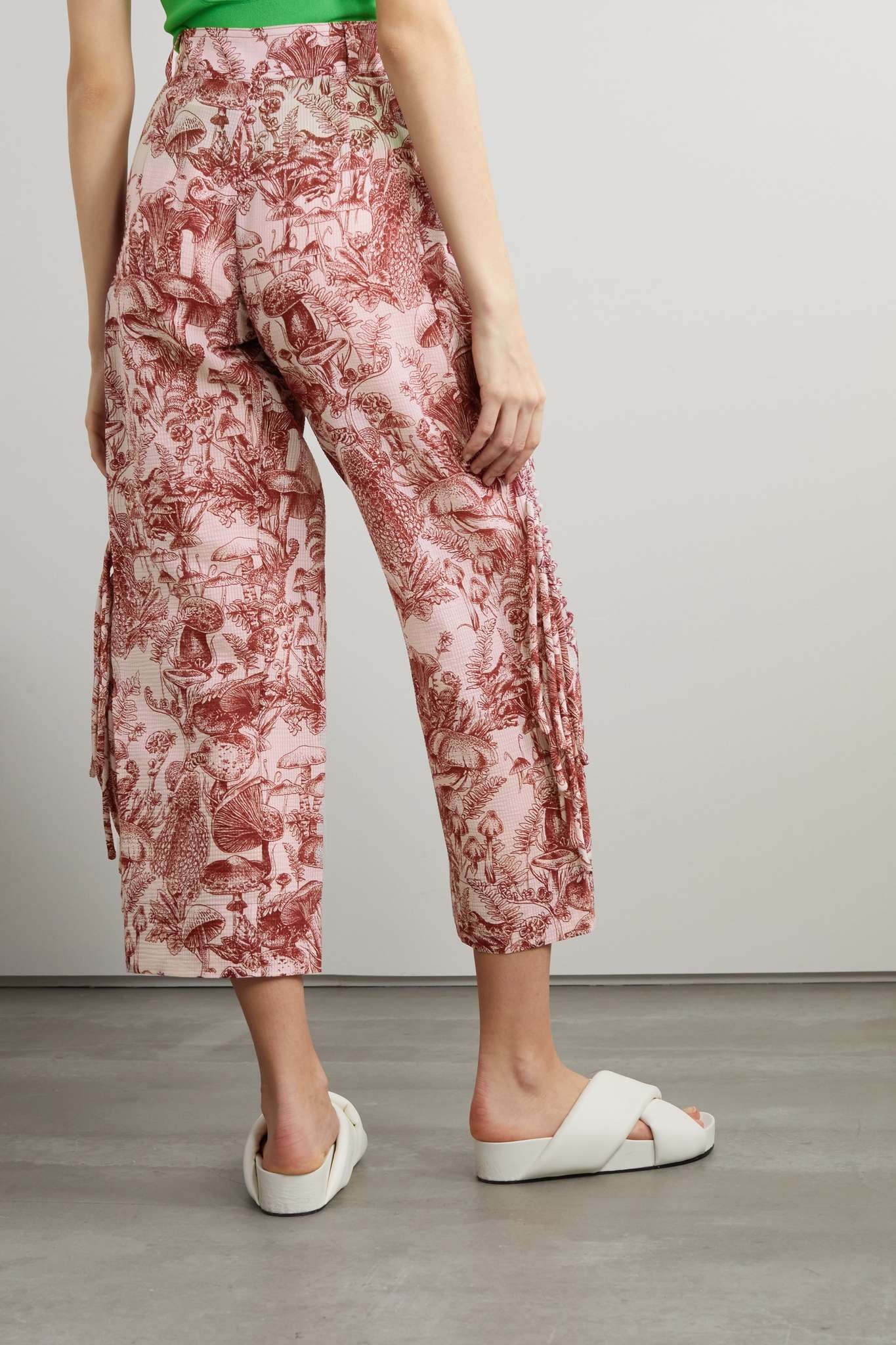 Cropped fringed printed silk and cotton-blend seersucker wide-leg pants - 3